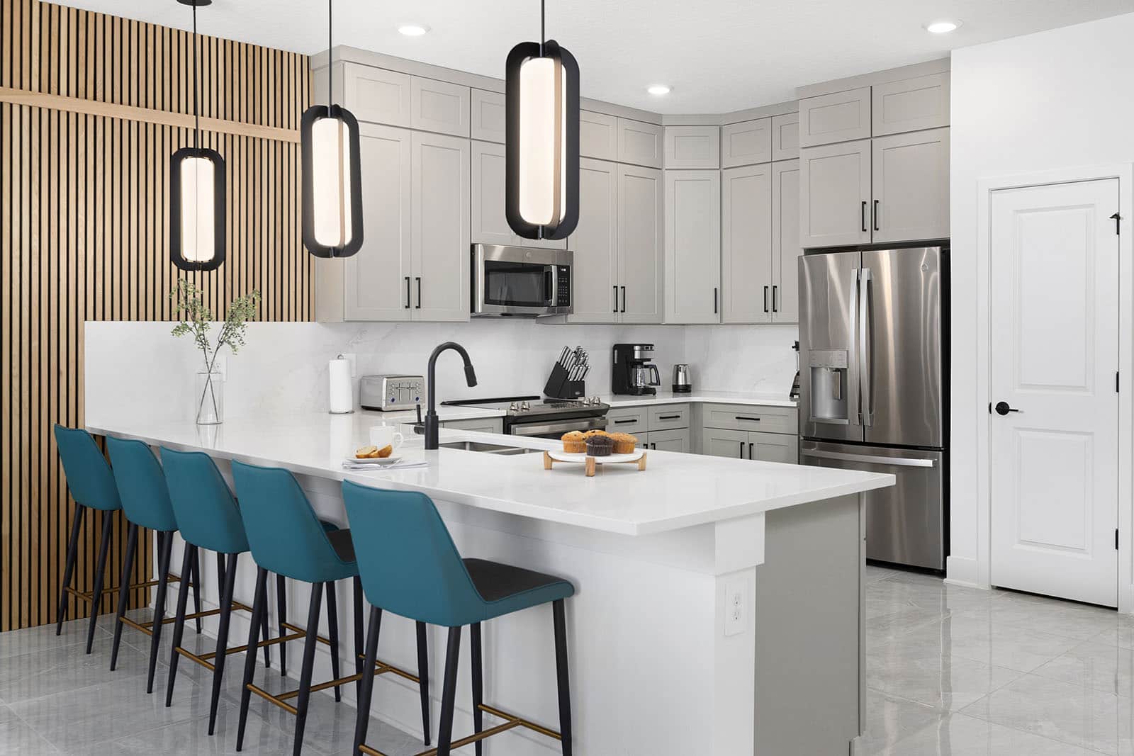 kitchen with breakfast bar and 5 stools