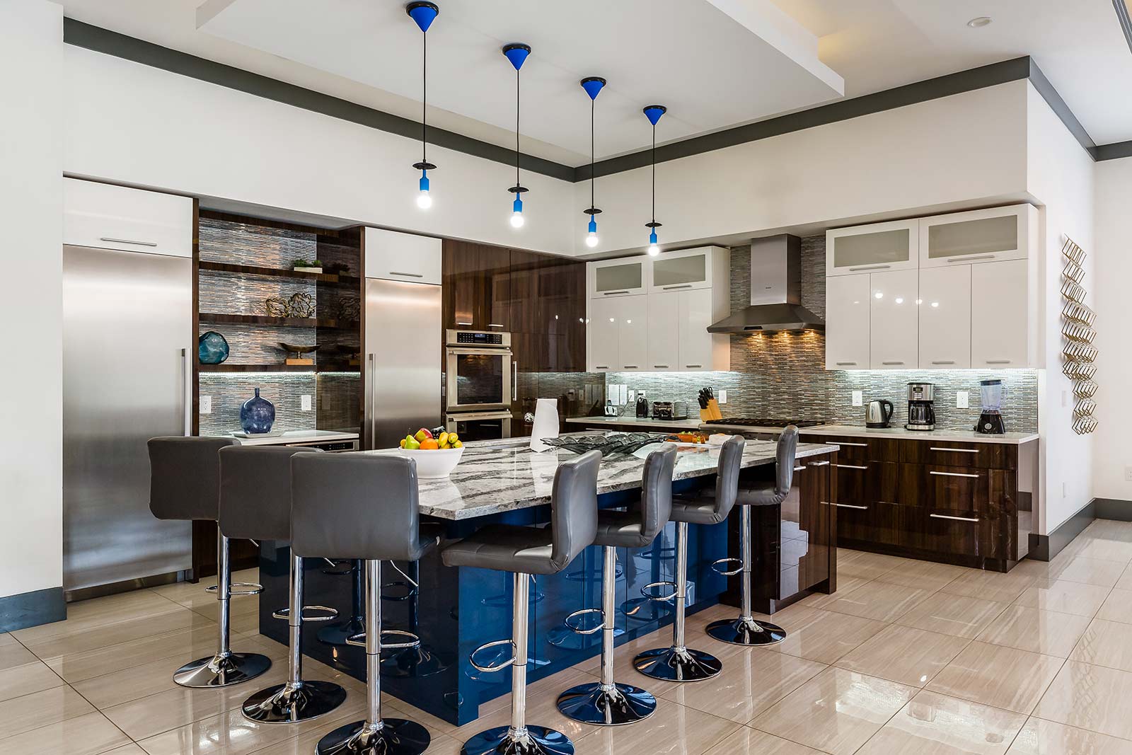 kitchen and island with 7 stools