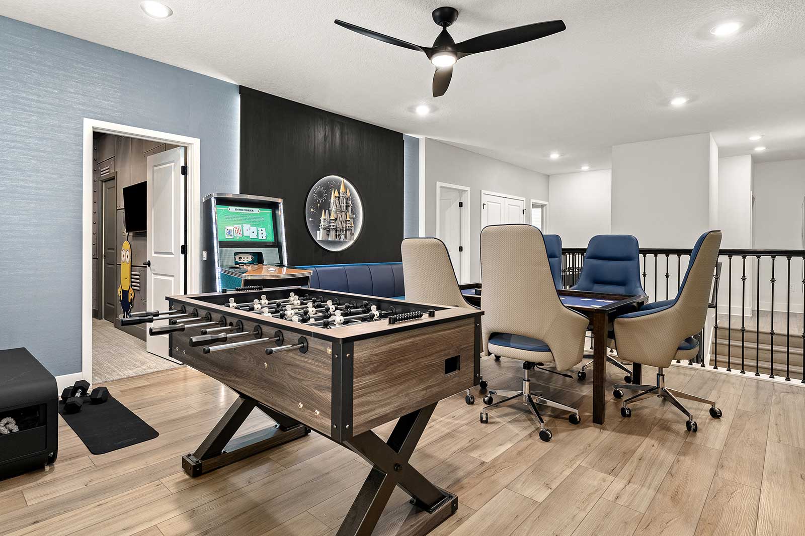 game loft with poker table foosball table
