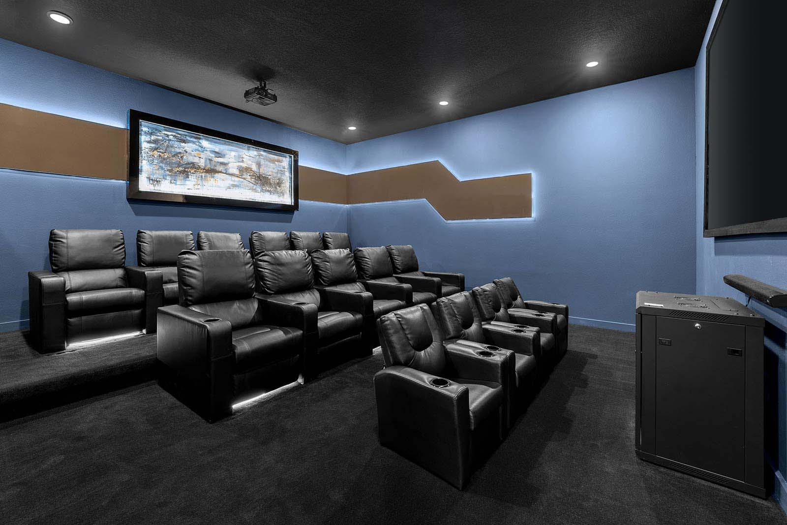 in-home theater with 3 rows of seating