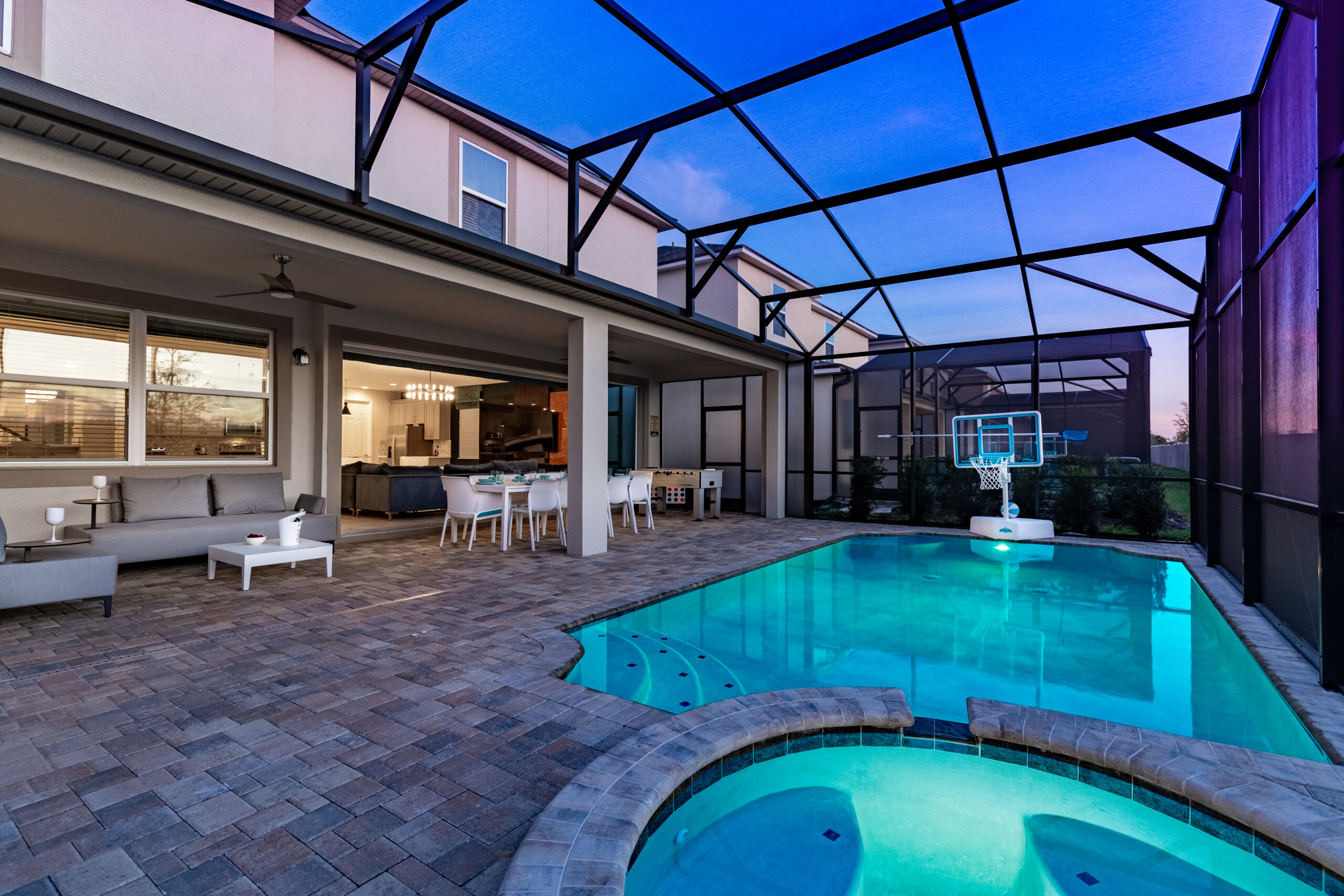 backyard pool & spa at twilight