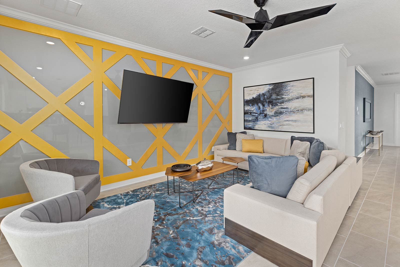 living room with 2 couches and chairs