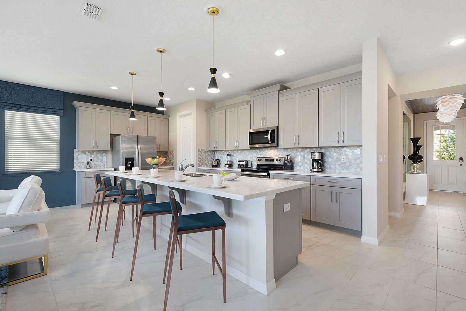 kitchen with island and with 4 stools