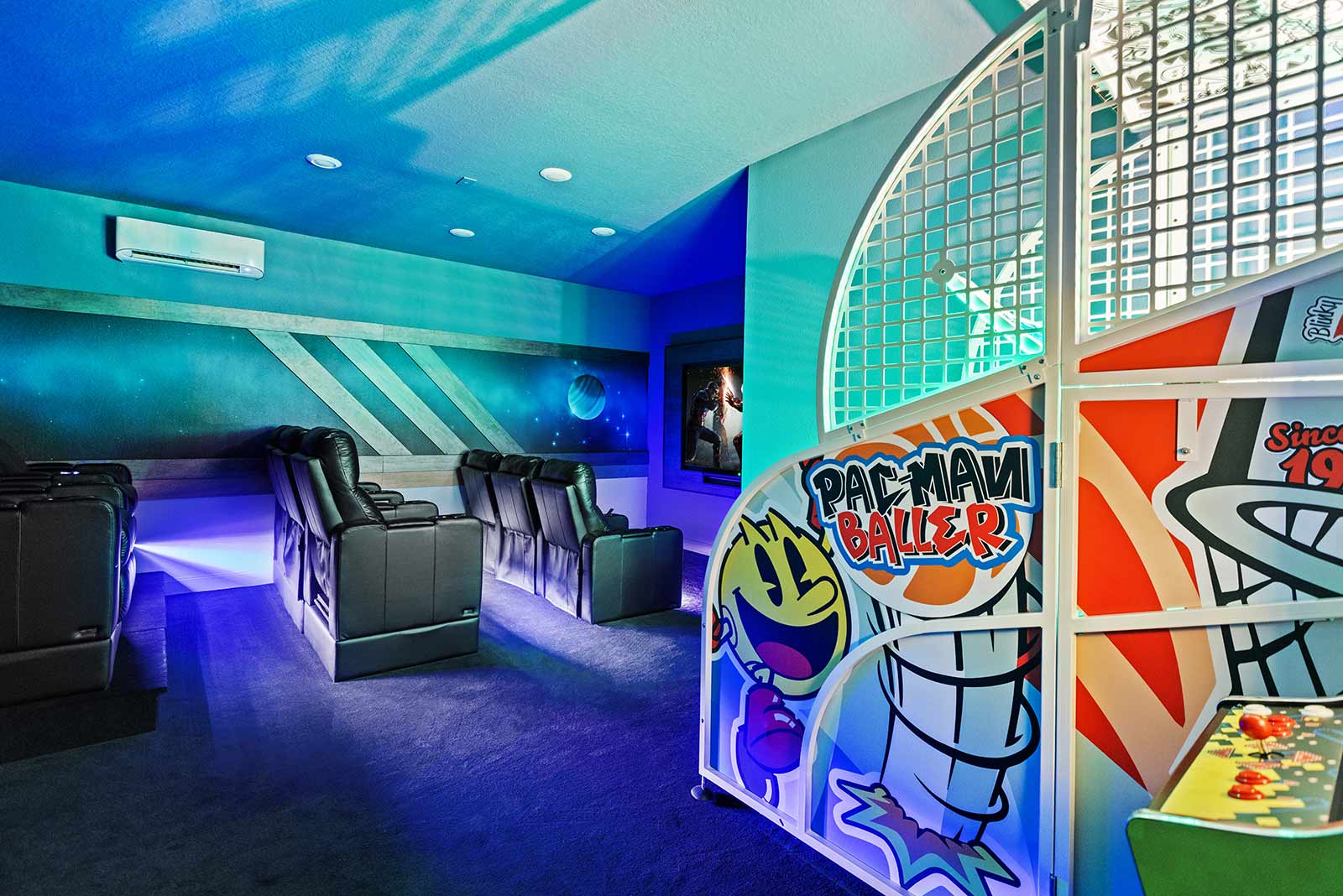 in-home movie theater with arcade games