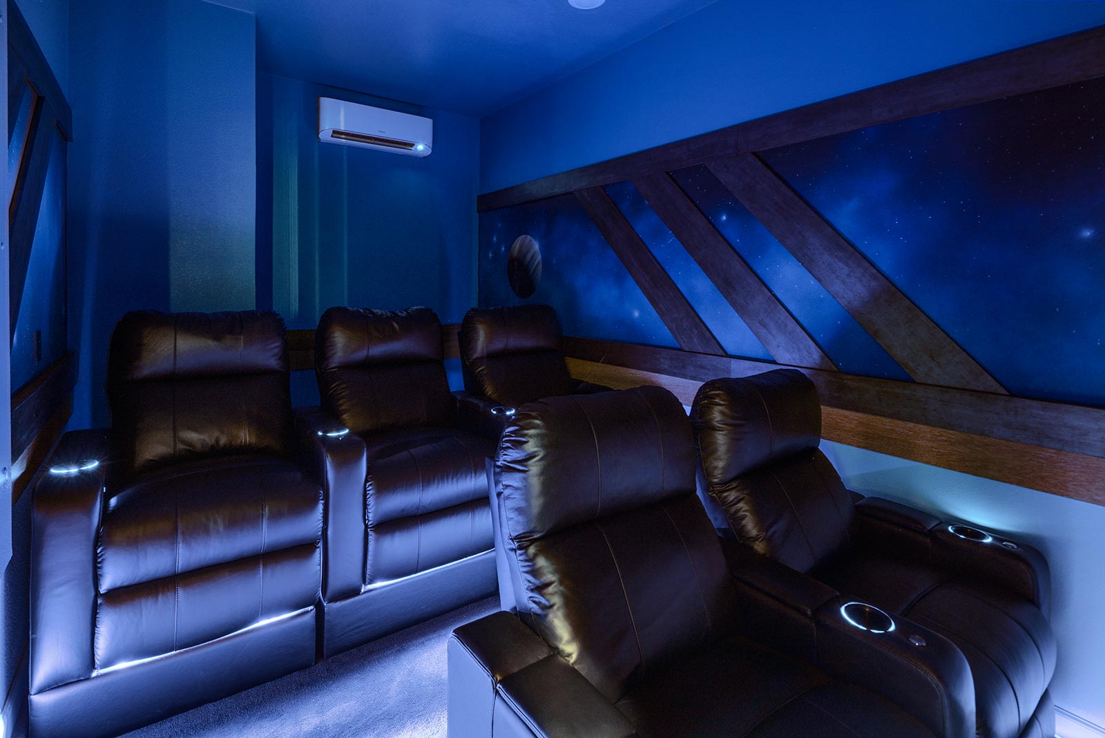 in-home movie theater with two rows of seats