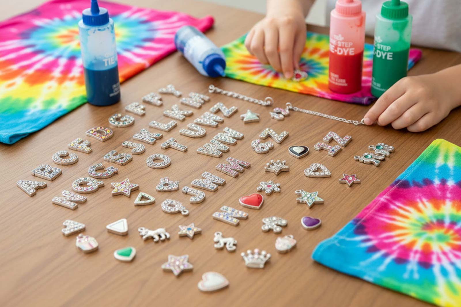 tie-dye shirts and charms